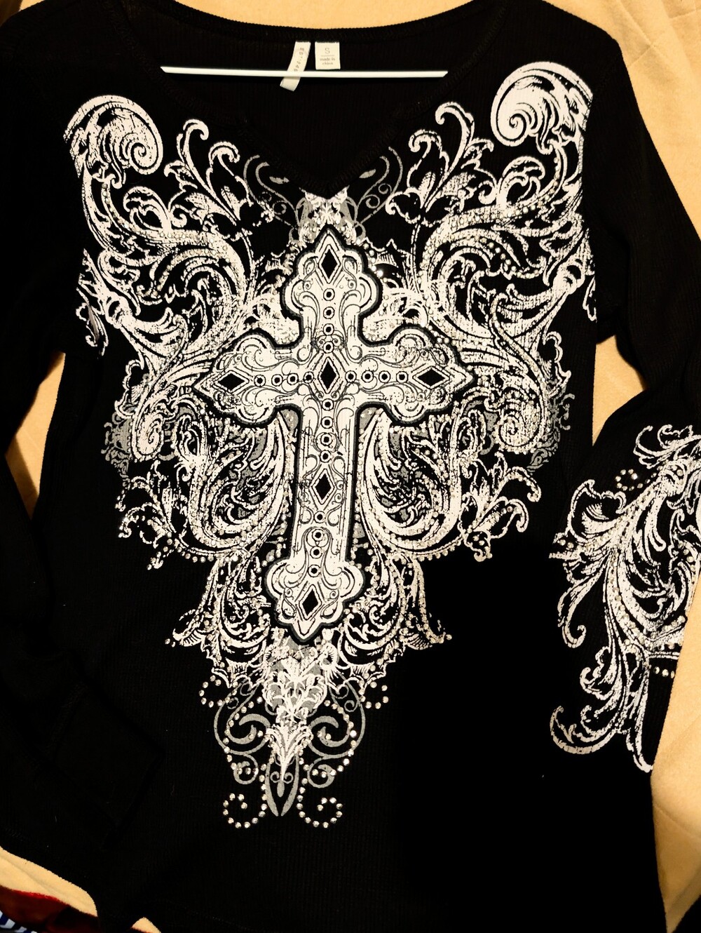 C Est 1946 Womens Black Long Sleeve Cross Graphic Top With Diamond Accents-Small